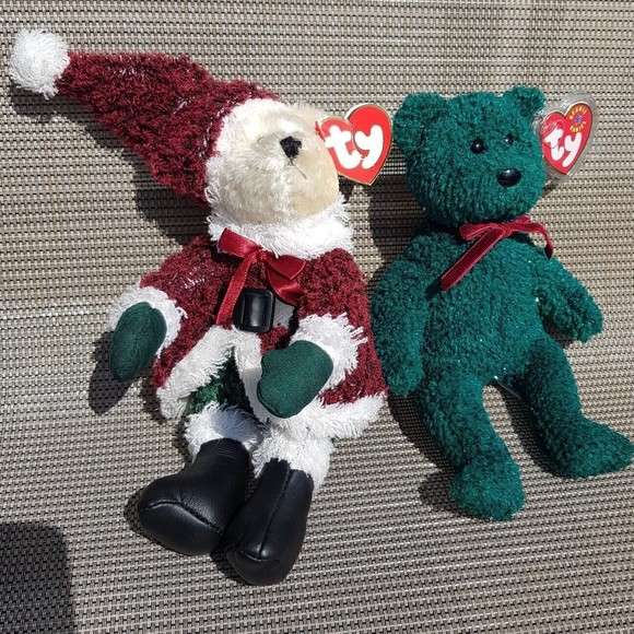 Ty Beanie Babies 2001 HOLIDAY TEDDY Green & 2000 Christmas Red Santa 8" Plush - Picture 14 of 15